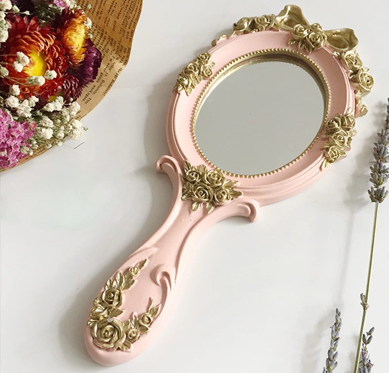 Nerien Handheld Mirror Vanity Makeup Mirror Travel Princess Metal Cosmetic Mirror Portable Oval Embossed Rose Mirrors Decorative Desk Girl Student Vintage Beautiful Handle Mirrors Pink-3 - Image 3